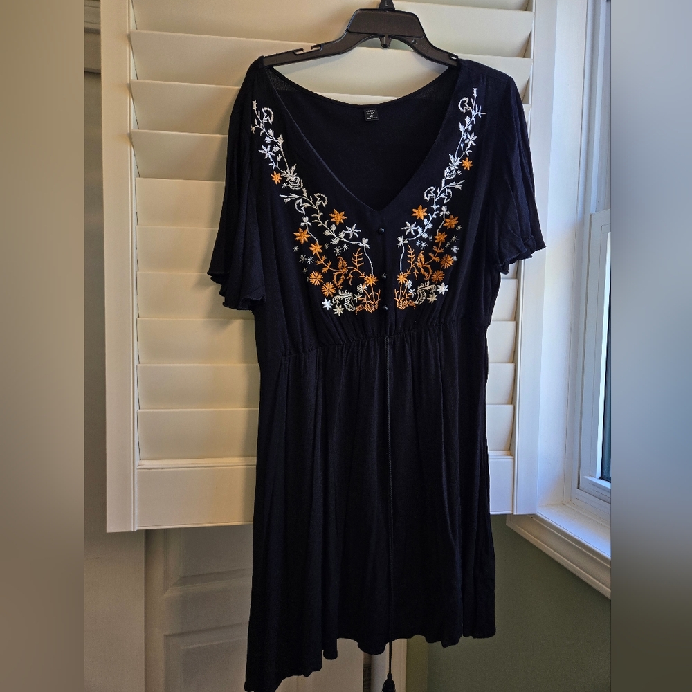 White and Orange Embroidered Black Maxi Sundress